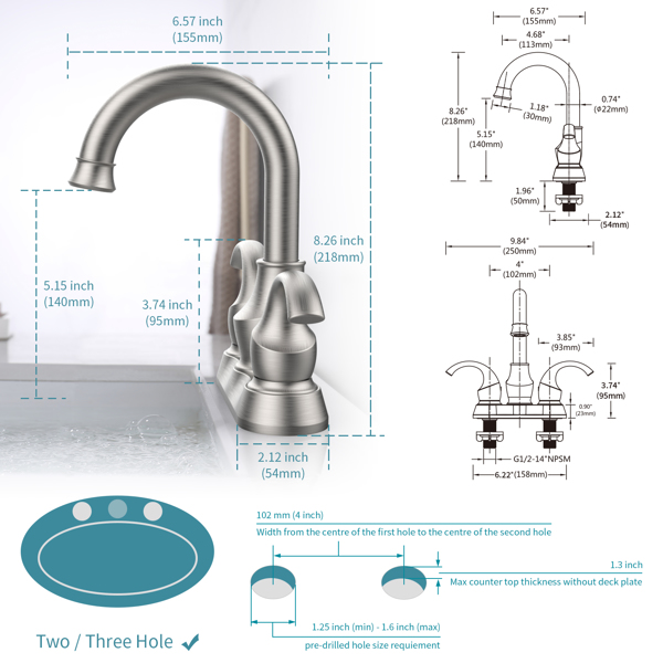 Bathroom Faucet 2-Handle Brushed Nickel with 360 Degree Rotating Spout, Crescent Moon Style 4-inch Centerset Vanity Sink with Pop-Up Drain and Supply Hoses, FR4090-NP
