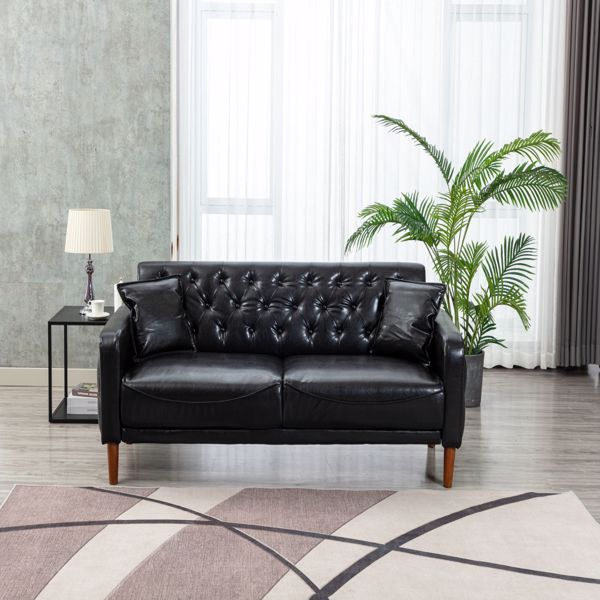 Black PU Leather Sponge Sofa, Indoor Sofa, Removable Wooden Feet, Tufted Buttons