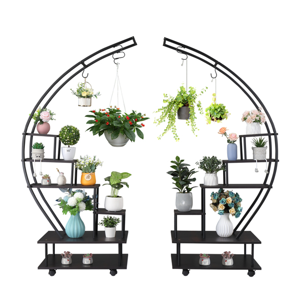   2pcs 6 Tiers Semicircular Iron Wood With Wheels Iron Planter Black