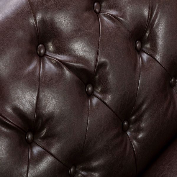 Brown PU Leather Sponge Sofa, Indoor Sofa, Removable Wooden Feet, Tufted Buttons