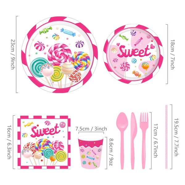 Lollipop Sweet Paper Plates Disposable Colorful Candy Party Supplies Happy Birthday Parties Festival Tableware Kit Serves 8 Guests for Kid Dinner Plates, Napkins, Cups, Knifes, Fork, Spoon 68PCS