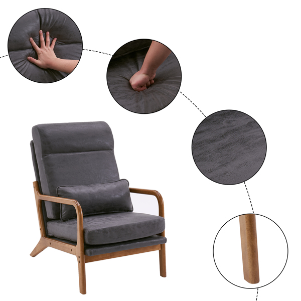 High Back Solid Wood Armrest Backrest Iron Frame Bronzing Cloth Indoor Leisure Chair Dark Grey