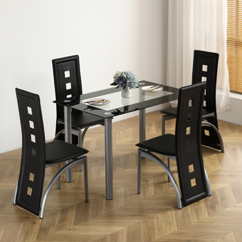 5 Pieces Dining Table Set for 4, Kitchen Room Tempered Glass Dining Table, 4 Chairs, Black，Table legs are silvery (Replacement code 82947862)
