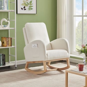 High Back Side Bag Flannelette Wood Indoor Rocking Chair Beige