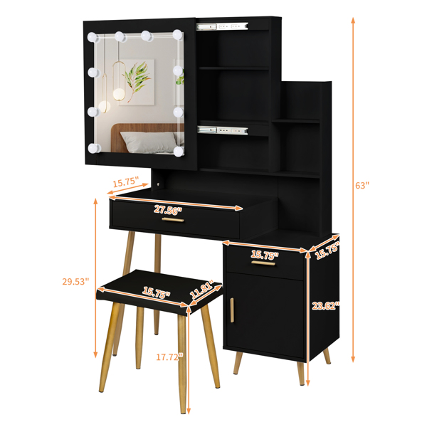  Particleboard Triamine Veneer 2 Drawers 1 Door 2 Shelves Mirror Cabinet 3 Light Bulbs Dressing Table Set Black