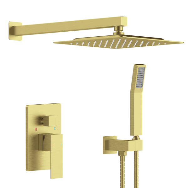 Shower System Shower Faucet Combo Set Wall Mounted with 10" Rainfall Shower Head and handheld shower faucet, Brushed Gold Finish with Brass Valve Rough-In[Unable to ship on weekends, please place orde