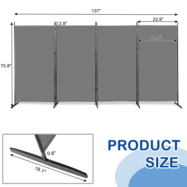 6FT  4-Fold 160g Polyester Cloth Plastic Foot Carbon Steel Frame Foldable Screen Gray
