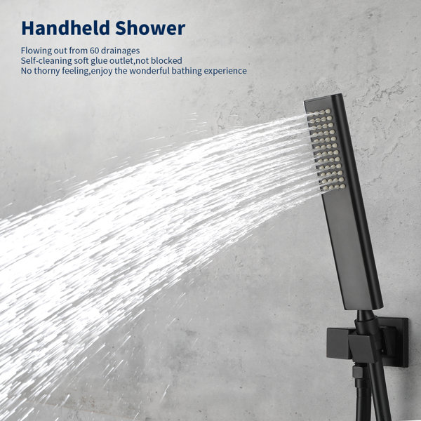 Male NPT Waterfall Shower head with Handheld, Matte Black Bathtub Shower Faucet with High Flow Wall Mount Tub Faucet, Single Handle Bathroom Tub Mixer Tap Hand Shower System with Curved Spout Commerci