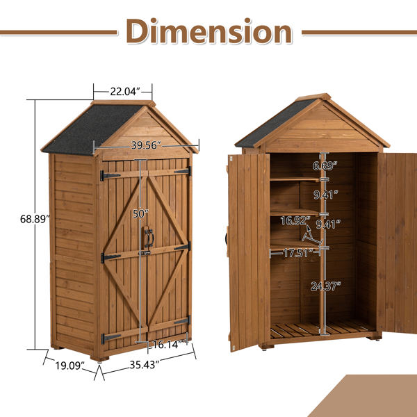 39.56"L x 22.04"W x 68.89"H Outdoor Storage Cabinet Garden Wood Tool Shed Outside Wooden Closet with Shelves and Latch, Brown