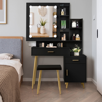 FCH Particleboard Triamine Veneer 2 Drawers 1 Door 2 Shelves Mirror Cabinet 3 Light Bulbs Dressing Table Set Black