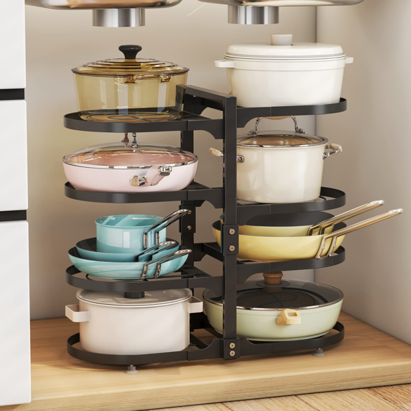 8-layer adjustable cabinet pot manager rack, cabinet pot, heavy-duty pot rack for kitchen storage, snap on pot manager with storage tank and steamer panel (circular)