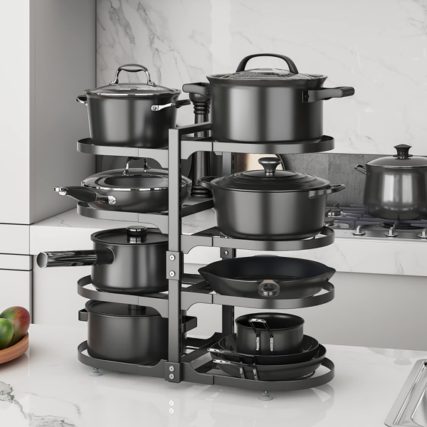 8-layer adjustable cabinet pot manager rack, cabinet pot, heavy-duty pot rack for kitchen storage, snap on pot manager with storage tank and steamer panel (circular)