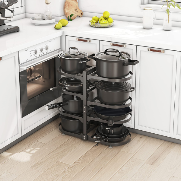 8-layer adjustable cabinet pot manager rack, cabinet pot, heavy-duty pot rack for kitchen storage, snap on pot manager with storage tank and steamer panel (circular)