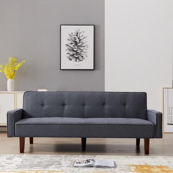 Dark Gray Sofa Bed, Modern Linen Sofa, Convertible Sleeper Sofa with Arms, Solid Wood Feet and Plastic Centre Feet