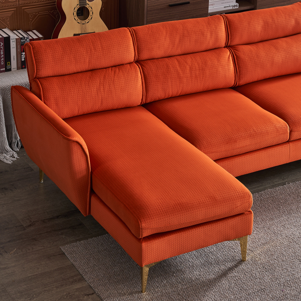 282*142*88cm Pushback Chair Shape Four Seats with Footstool Flannel Diamond Electroplated Gold Triple Leg Indoor Modular Sofa Burnt Orange Color