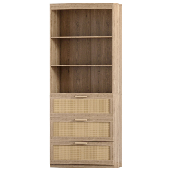 71 Inches Tall Storage Cabinet, Rattan Bookcase with 3 Drawers and 3-Tier Open Shelves, Wooden Bookshelf Storage Organizer for Living Room, Study, Kitchen, Home Office