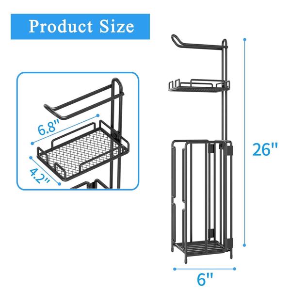2 Pack Free Standing Toilet Paper Holder Stand, Toilet Tissue Paper Roll Storage Holder with Shelf and Reserve for Bathroom Storage Holds Wipe, Mobile Phone, Mega Rolls, Black 