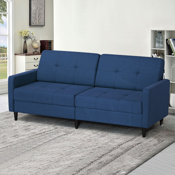  Linen Fabric Sofa Bed With Adjustable Backrest And Wooden Legs, Mordern Convertible Loveseat Couch For Your Living Room, Apartment, Office, Blue