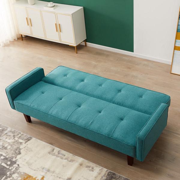Green Sofa Bed, Modern Linen Sofa, Convertible Sleeper Sofa with Arms, Solid Wood Feet and Plastic Centre Feet
