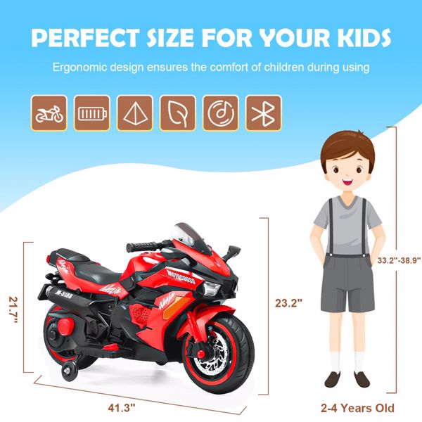12V Battery Motorcycle, 2 Wheel Motorbike Kids Rechargeable Ride On Car Electric Cars Motorcycles--RED