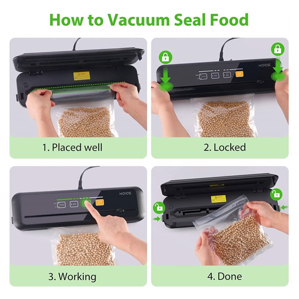 KOIOS Vacuum Sealer Machine, 86Kpa Automatic Vacuum Air Food Sealer with Built-in Cutter Starter Kit, Dry & Moist Food Preservation Modes, Pulse Function, VS6621 Black, (FBA 发货，周末不发货)