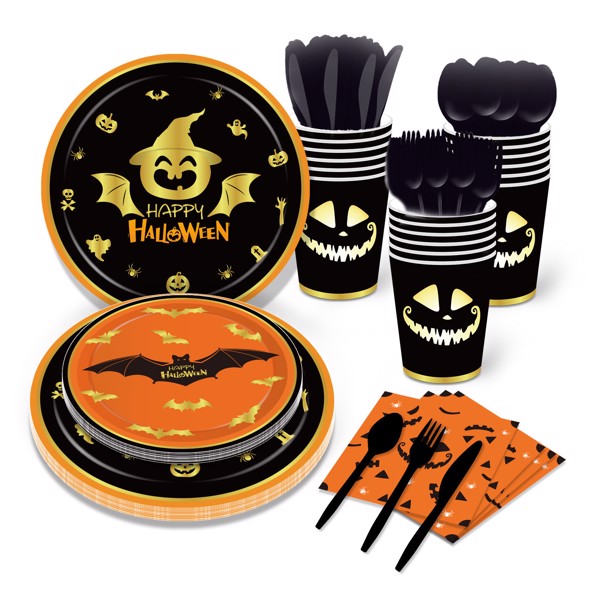 Halloween Pumpkin Blood Hand Bat Paper Plates Party Supplie Plates and Napkins Birthday Disposable Tableware Set Party Dinnerware Serves 8 Guests for Plates, Napkins, Cups 68PCS