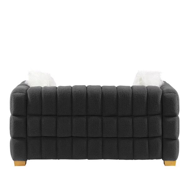 (Grey) Wide Square Arm Teddy Velvet Rectangular Sofa, 2 Pillows