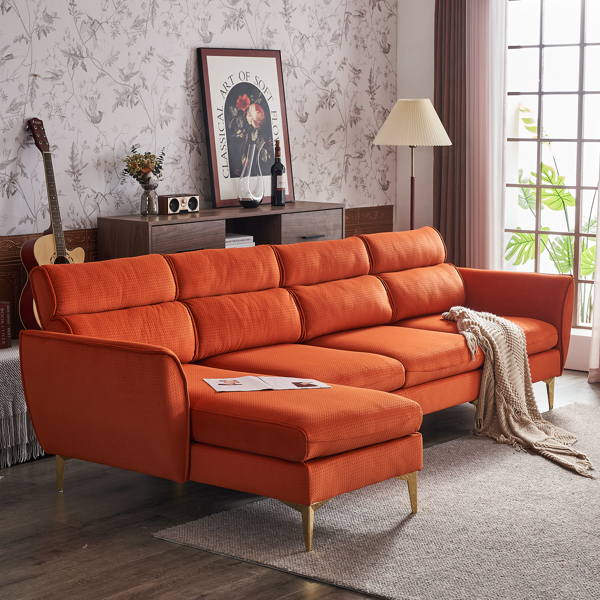 282*142*88cm Pushback Chair Shape Four Seats with Footstool Flannel Diamond Electroplated Gold Triple Leg Indoor Modular Sofa Burnt Orange Color