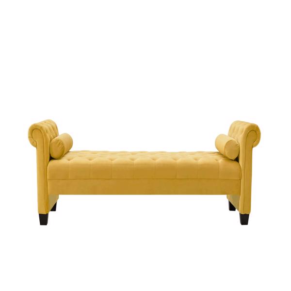 Yellow, Solid Wood Legs Velvet Rectangular Sofa Bench with Attached Cylindrical Pillows 