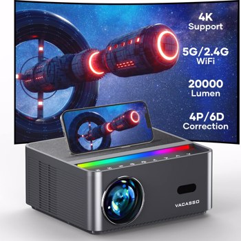 Projector with WiFi and Bluetooth, Portable Projector 4K Support, 500 ANSI 20000L, Touch Screen, Auto Vertical Keystone & 4P/6D, VACASSO Outdoor Movie Projector for Phone/PC/TV Stick