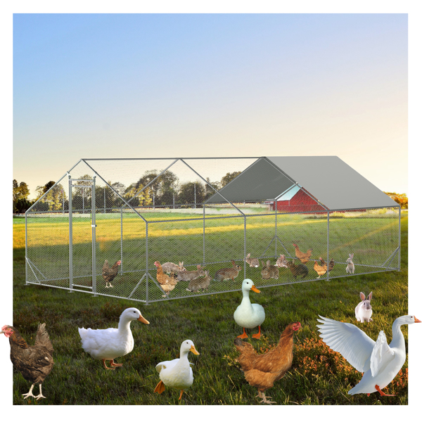 10 x 20 ftOutdoor Large Metal Chicken Run Coop with 1 piece of Waterproof Cover, Garden Backyard Walk-in Hen Cage Poultry Pet Hutch for Farm Use