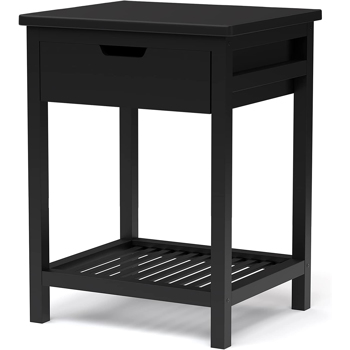 Nightstand, End Table with Open Shelf, Side Table with Drawer and Storage Shelf, Bedside Bamboo Table for Small Spaces, Living Room, Bedroom (Black)