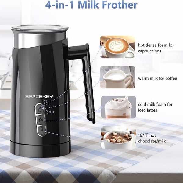 Milk Frother and steamer for Coffee Latte Cappuccino Chocolate Milk by Spacekey 10.1oz Milk Warmer Heats up to 167℉ Automatic Hot & Cold milk foam maker with Buzzer, Black
