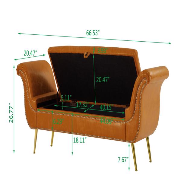 Brown, PU Leather, Metal Feet Upholstered Ottoman Bedroom Lounge Ottoman Flip Top Storage Sofa Bench