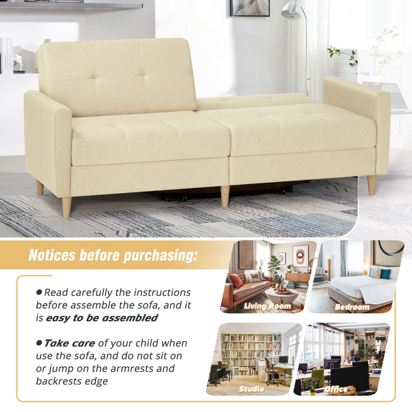  Linen Fabric Sofa Bed With Adjustable Backrest And Wooden Legs, Mordern Convertible Loveseat Couch For Your Living Room, Apartment, Office, Beige