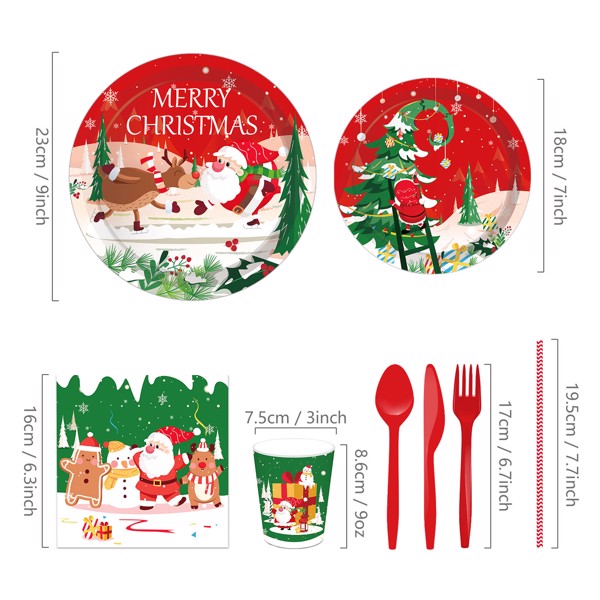 Christmas Tree Santa Claus Paper Plates Party Supplie Plates and Napkins Birthday Disposable Tableware Set Party Dinnerware Serves 8 Guests for Plates, Napkins, Cups 68PCS