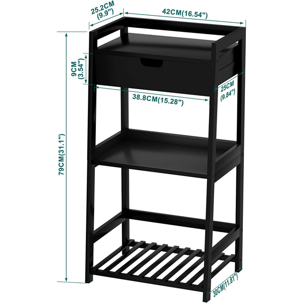 Bathroom Shelves, 3 Tier Ladder Shelf with Drawers, Bamboo Nightstand Open Shelving, Bookshelf Bookcase End Table Plant Stand for Living Room, Bedroom, Bathroom, Kitchen(Black)