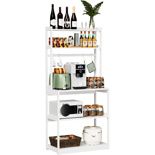 Bamboo Microwave Stand, Bakers Racks for Kitchens with Storage Shelves, 5 Tier Kitchen Stand with 4 Hooks, Heavy Duty Shelving for Kitchens, Living Room, Hallway, Balcony