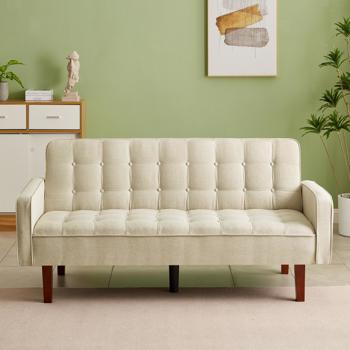 Linen Futon Sofa Bed 73.62 Inch Fabric Upholstered Convertible Sofa Bed, Minimalist Style for Living Room, Bedroom.
