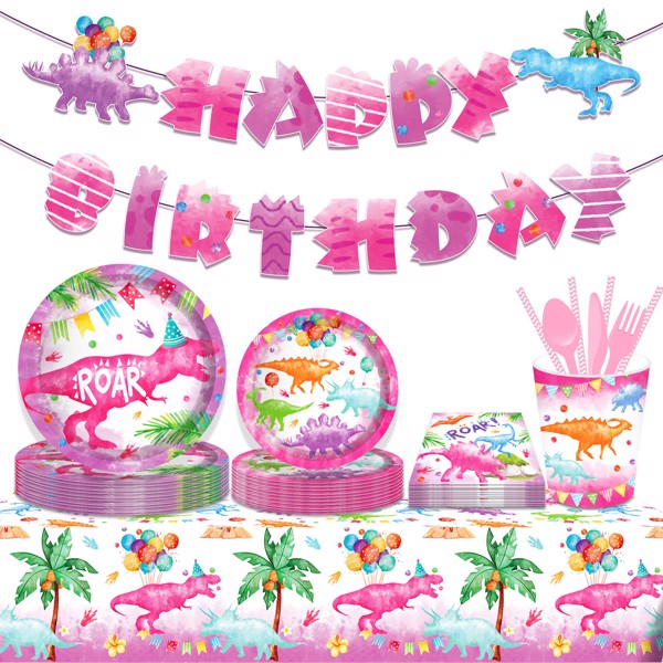 Pink Dinosaur Girl Paper Plates Party Supplie Plates and Napkins Birthday Disposable Tableware Set Party Dinnerware Serves 8 Guests for Plates, Napkins, Cups 68PCS