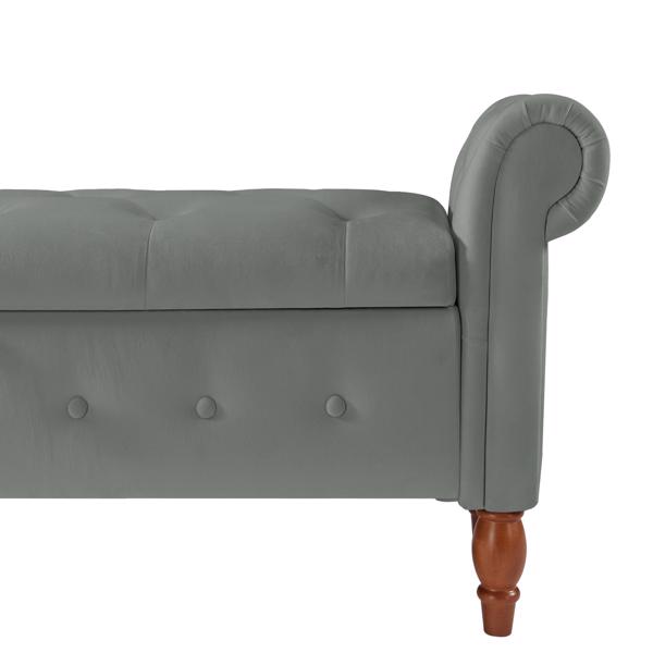 Grey, Solid Wood Legs, Velvet Bedroom End of Bed Storage Bench Rolled Side Sofa Bench Toy Storage Bench