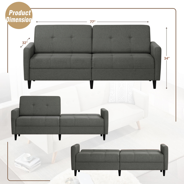  Linen Fabric Sofa Bed With Adjustable Backrest And Wooden Legs, Mordern Convertible Loveseat Couch For Your Living Room, Apartment, Office, Grey
