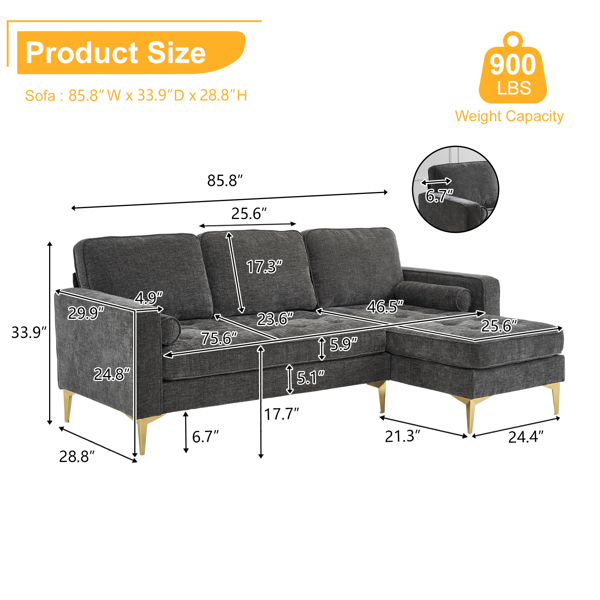 218*141*87cm 3-Seater With Footstool Chenille Rhombus Electroplated Golden Tripod Legs Indoor Modular Sofa Drak Gray