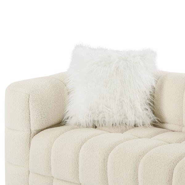 (Beige) Wide Square Arm Teddy Velvet Rectangular Sofa, 2 Pillows