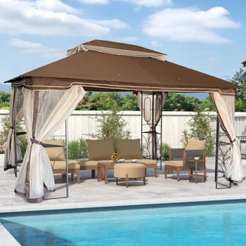 13 x 10 Ft. Outdoor Patio Gazebo Canopy Tent With Ventilated Double Roof And Removable Mosquito net,Coffee