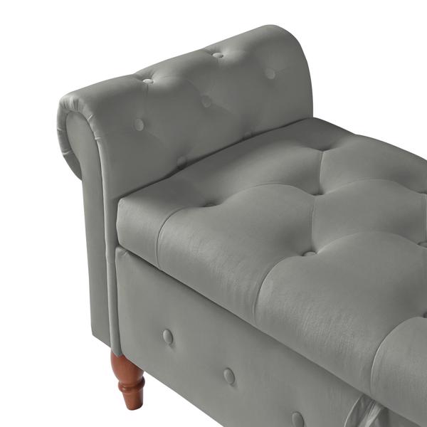 Grey, Solid Wood Legs, Velvet Bedroom End of Bed Storage Bench Rolled Side Sofa Bench Toy Storage Bench