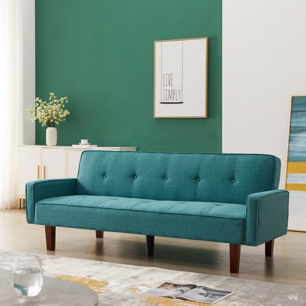 Green Sofa Bed, Modern Linen Sofa, Convertible Sleeper Sofa with Arms, Solid Wood Feet and Plastic Centre Feet