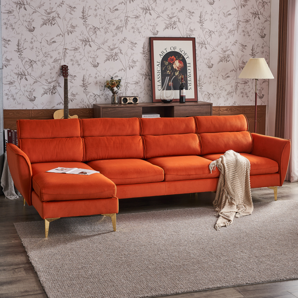 282*142*88cm Pushback Chair Shape Four Seats with Footstool Flannel Diamond Electroplated Gold Triple Leg Indoor Modular Sofa Burnt Orange Color