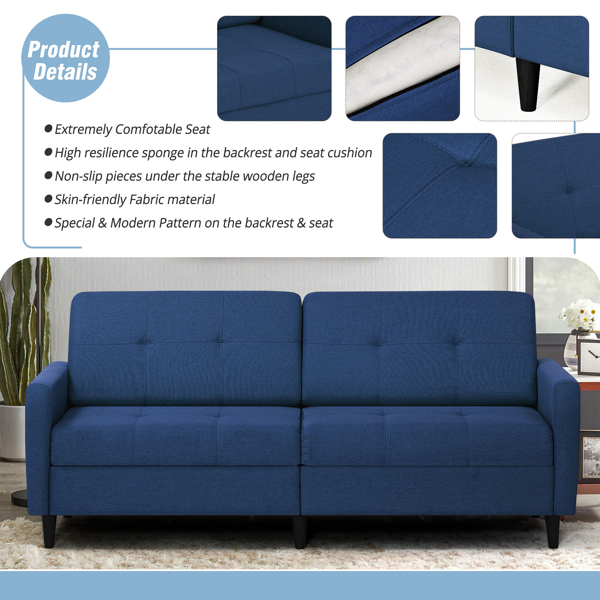  Linen Fabric Sofa Bed With Adjustable Backrest And Wooden Legs, Mordern Convertible Loveseat Couch For Your Living Room, Apartment, Office, Blue