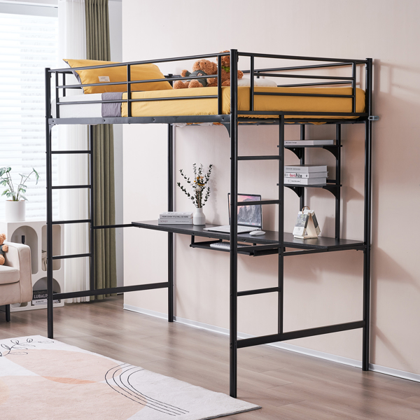198*143*182cm With Table Shelf Elevated Bed Iron Bed Black